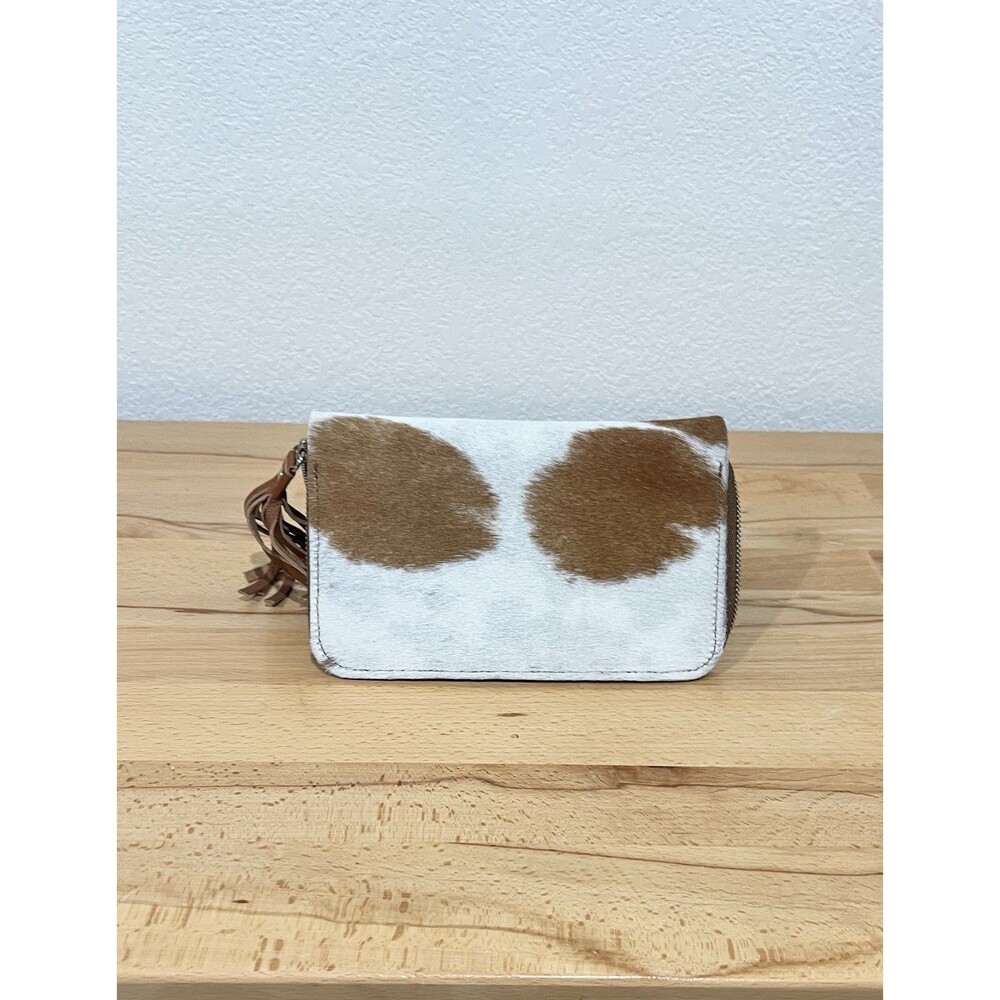 Brown & White Cowhide Leather Zip-Around Wallet w Tassel Card Slots ID Window - Picture 2 of 6